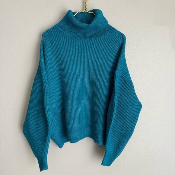H&M women’s chunky knit wool blend ballon sleeve turtle neck sweater teal - Picture 1 of 6